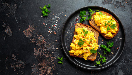 Scrambled eggs on toasted bread with parsley, top viewの素材