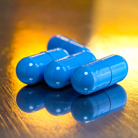 Blue pills on a shiny golden background. Focus on foreground, shallow DOF.の素材