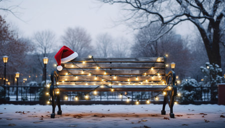 Wooden bench with Christmas lights on the background of a winter parkの素材