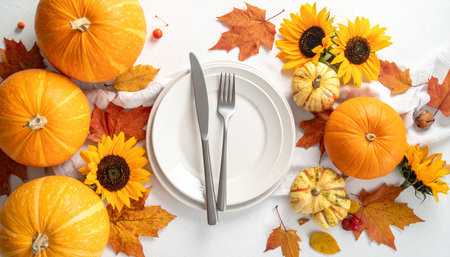 Autumn table setting with pumpkins, cutlery and fall leavesの素材