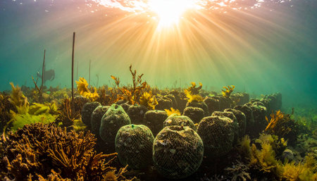 Underwater view of the coral reef with fish and seaweed.の素材