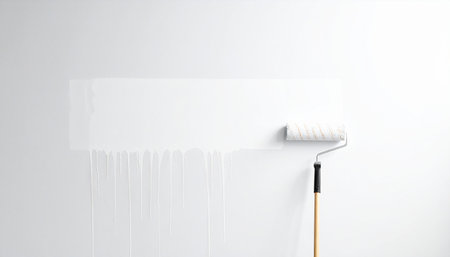 Painting a wall with a paint roller, white background, copy spaceの素材