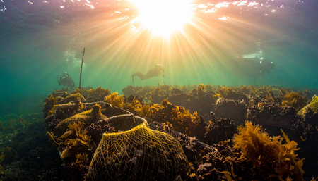 Underwater view of a coral reef with scuba divers at sunsetの素材