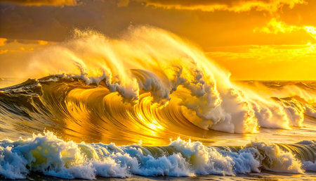 Big wave breaking on the beach at sunset. Beautiful nature background.の素材