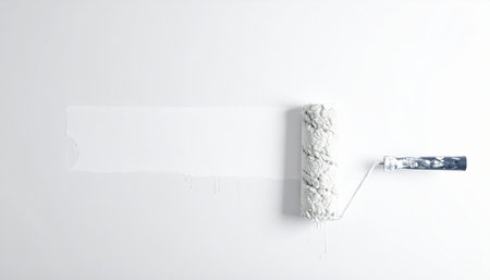 Paint roller with white paint on a white background. Wall painting.の素材