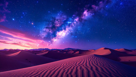 Desert with starry sky and milky way over sand dunesの素材