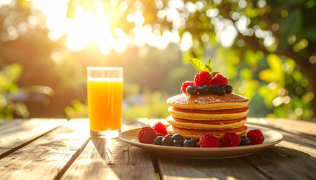 Pancakes with fresh berries and orange juice on wooden table in gardenの素材