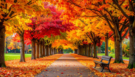 Autumn park with colorful trees and bench in the fall season.の素材