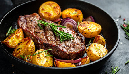 Grilled beef steaks with potatoes and rosemary in a panの素材