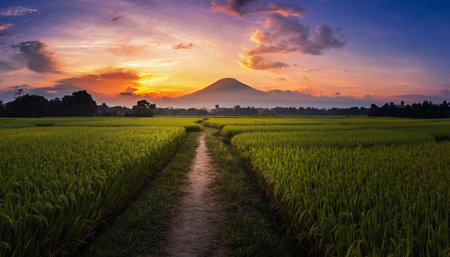 Rice field and Mount Fuji at sunset in Bali, Indonesiaの素材