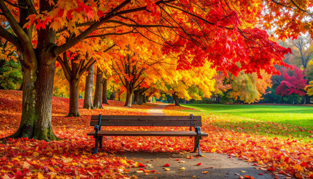 Colorful autumn trees in the park with bench. Autumn season.の素材
