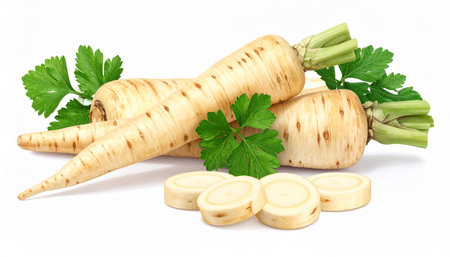 Fresh parsley root with slices and leaves isolated on white background.の素材