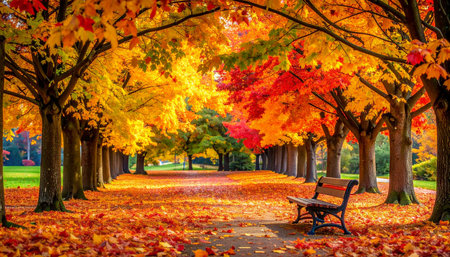 Autumn park in Philadelphia, Pennsylvania, USA. Colorful maple trees and bench.の素材