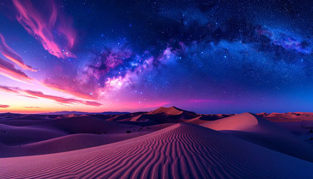 Desert and starry sky with milky way over sand dunesの素材