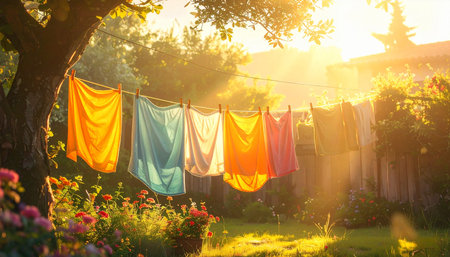 Clothes drying on clothesline in the garden at sunset. Toning.の素材