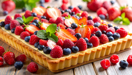 Delicious tart with fresh berries and mint on a wooden table.の素材
