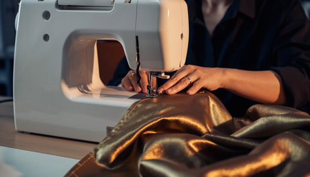 cropped shot of seamstress working with sewing machine on golden fabricの素材