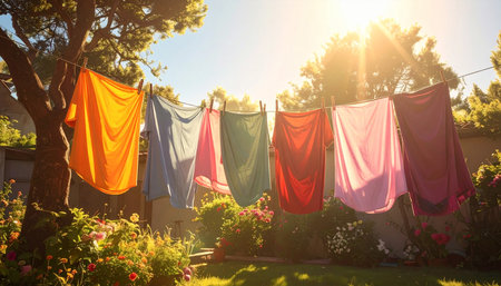 Laundry drying in the sun on a sunny day in the gardenの素材