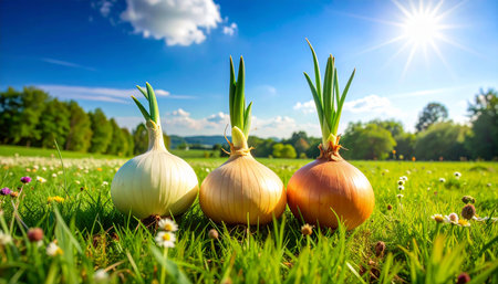 onion on green field with flowers and blue sky in the backgroundの素材
