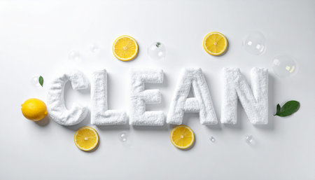 Word CLEAN made with fresh lemons and ice cubes on light backgroundの素材