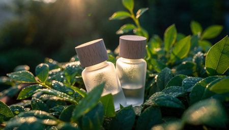 Essential oil in glass bottles with fresh green leaves on the backgroundの素材