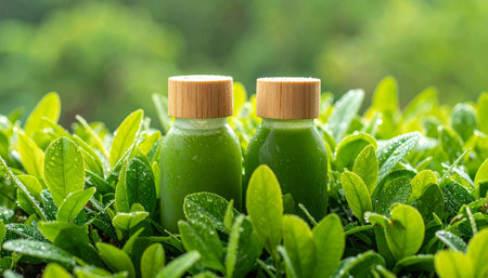 cosmetic bottles on green leaves background, beauty and spa concept.の素材