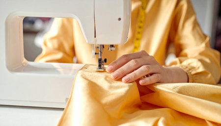 Close-up of female hands working with sewing machine on yellow fabricの素材