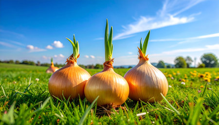 onions growing on a green meadow in the countryside of Bavariaの素材