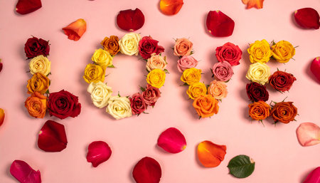 The word love laid out from multi-colored roses on a pink backgroundの素材