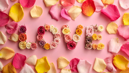 Word LOVE made of multicolored rose petals on pink backgroundの素材