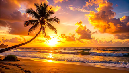 Palm tree on the beach at sunset. Beautiful tropical background.の素材