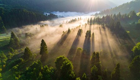 Aerial view of foggy morning in Carpathian mountains, Ukraineの素材