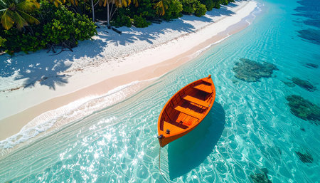 Aerial view of wooden boat on a tropical beach, Maldivesの素材