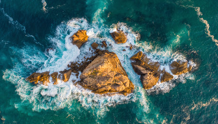Aerial view of a rocky coastline with waves crashing onto the rocksの素材