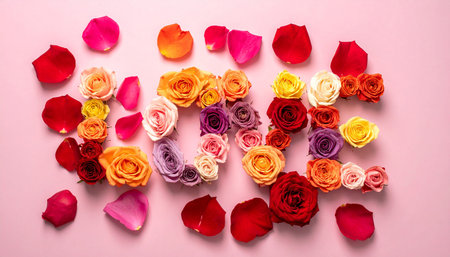 Colorful rose petals forming the word love on pink background.の素材