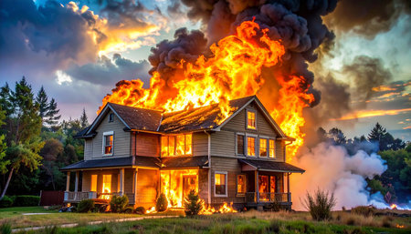 Burning house in the countryside during sunset. Fire in the house.の素材