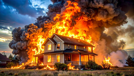 Burning house in the prairie during sunset. Fire is rising.の素材