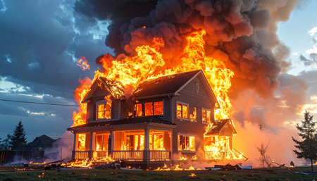 Burning house. Fire in the house. Fire in the house.の素材