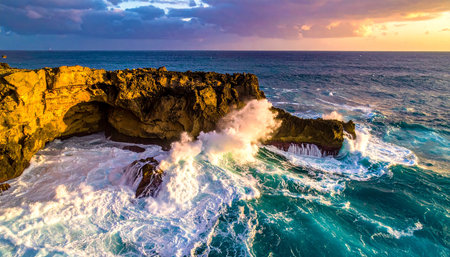 Aerial view of the ocean waves crashing on the rocks at sunsetの素材
