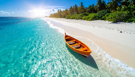 Beautiful tropical beach with boat at Seychelles - nature backgroundの素材