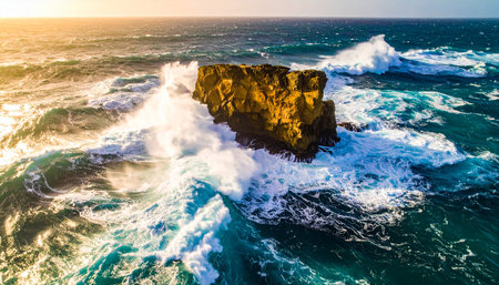 Aerial view of the ocean waves crashing on the rock at sunsetの素材