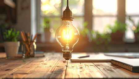 Glowing light bulb on wooden table in office. 3d renderingの素材