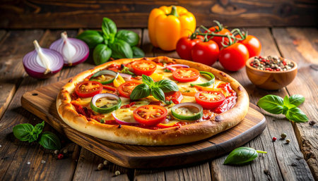 Pizza with mozzarella, tomatoes and basil on wooden backgroundの素材