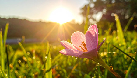 Beautiful pink crocus flower on meadow with morning sunlight.の素材