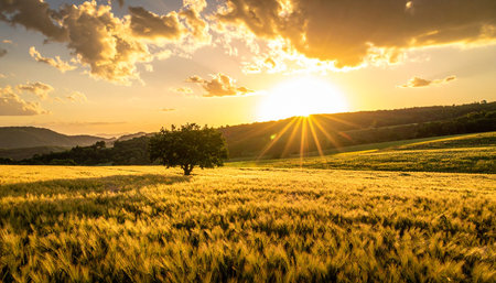 Sunset over wheat field and trees in Tuscany, Italyの素材