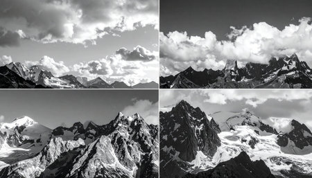 Collage of high mountains in black and white. Caucasus, Russiaの素材