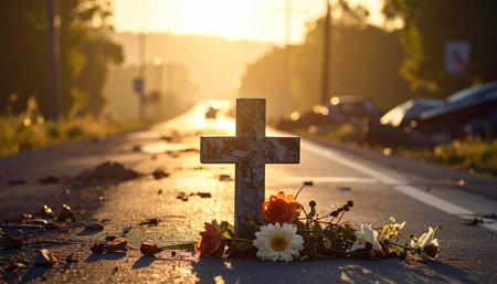 Cross and flowers on the road at sunset. Cross with flowers on the roadの素材