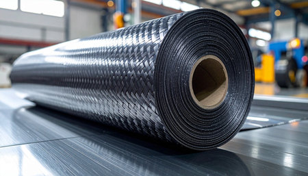 Rolls of black polycarbonate rolled up in a factory.の素材