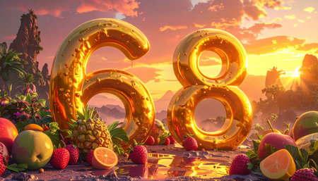 Number sixty-six made of fresh fruits and berries on the background of a beautiful sunsetの素材