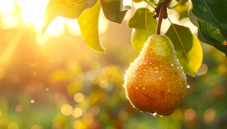 Ripe pears on a tree branch in the garden at sunsetの素材